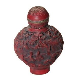 Antique Chinese Red Cinnabar Snuff Lacquer Perfume Bottle Signed Marked Hand 3"